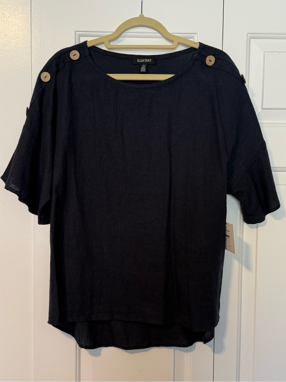 NWT Ellen Tracy Navy Button-Shoulder Linen Blend Tee size Large